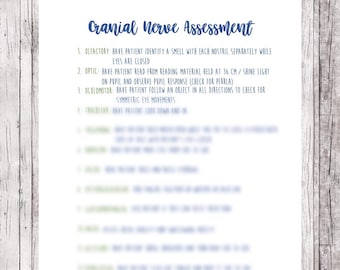 Cranial Nerve Assessment Reference Sheet // Nursing School Worksheet Assessment Checklist