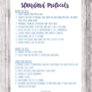 Può includere: Un foglio di carta bianco con il titolo "standard Protocols" in scrittura viola. Sotto, un elenco di istruzioni in testo blu, che inizia con "BEFORE THE SKILL:" e include passaggi come "VERIFY ORDERS FROM PHYSICIAN."