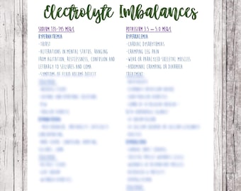 3 Pages- Electrolyte Imbalances Reference Sheet // Nursing School Notes // Nursing Study Sheet // Med Surg Notes