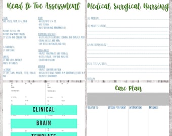 Bundle- Nursing School Notes // Med Surg Template Worksheet // Clinical Brain // Head to Toe Assessment // Care Plan