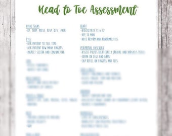 Head to Toe Assessment Reference Sheet // Nursing School Worksheet