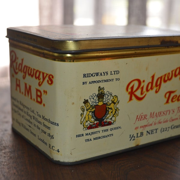 VINTAGE 1940's 1940s Tin  RIDGWAYS "H.M.B" (Her Majesty's Blend) Tea Tin "By Appointment To Her Majesty The Queen"  Queen Victoria England