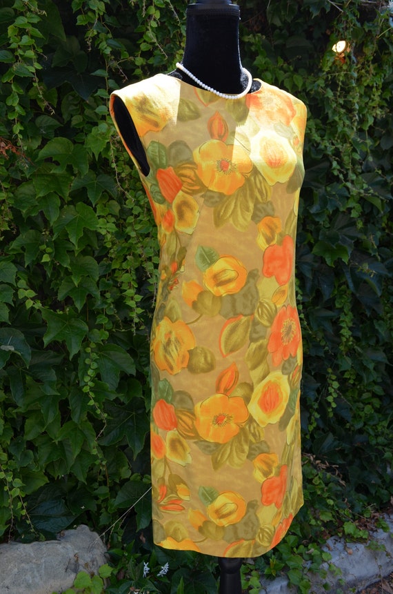 VINTAGE 1960's 1960s Fitted YELLOW FLORAL Dress Ve