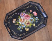VINTAGE 1950 39 s 1950s Mid Century LARGE TOLEWARE Black Metal Tray Hand Painted Roses Excellent Unworn Condition