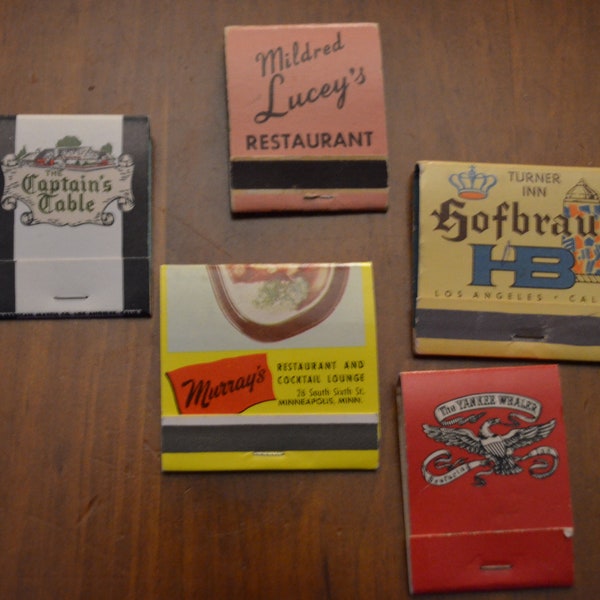 VINTAGE 1940's 1940s Restaurant Matchbooks Bundle of 5 VTG Matchbooks 4 Full No Strike Matchbooks 1 Matchbook Missing 2 Matches VG