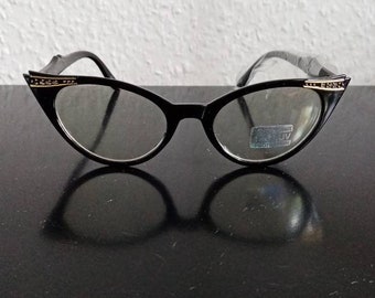 Fine small acetate glasses cateye black glossy with rhinestone applications on corners and temples