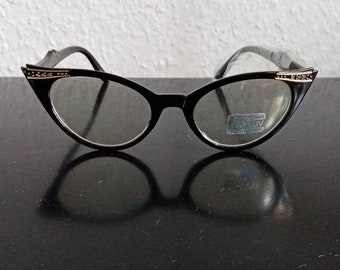 Feine kleine Acetatbrille cateye schwarz glänzend mit Strass Applikationen an Ecken und Bügeln