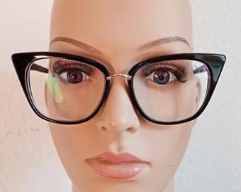 Feine Acetatbrille cateye schwarz glänzend mit Steg aus Metall