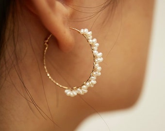 Beaded Hoop Earrings, Pearl Earrings, Hoop Earrings, Golden Hoop Earrings