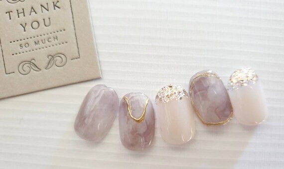 Marble Purple Nails With Gold Mirror | Etsy