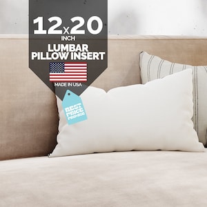 May include: A white lumbar pillow insert on a beige couch. The pillow is 12 x 20 inches and made in the USA. The text "Best Price Promise" is on a blue tag.