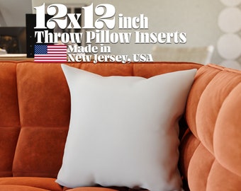 May include: A white 12x12 inch throw pillow insert on a burnt orange couch. The text "12x12 inch Throw Pillow Inserts Made in New Jersey, USA" is displayed above the pillow.