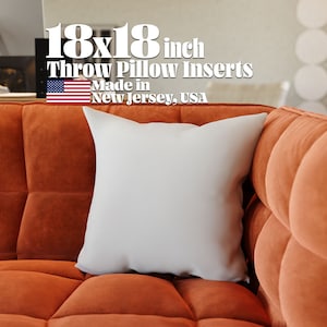 May include: White 18x18 inch throw pillow insert on an orange couch. Made in New Jersey, USA.