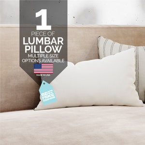May include: A white lumbar pillow on a beige sofa. The image includes text that reads "1 PIECE OF LUMBAR PILLOW MULTIPLE SIZE OPTIONS AVAILABLE MADE IN USA BEST PRICE PROMISE".