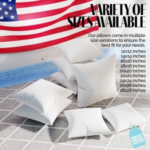 Multiple size throw pillow inserts including 12 inch, 14 inch, 16 inch 18 inch, 20 inch, 22 inch, 24 inch, 26 inch and 28 inch
