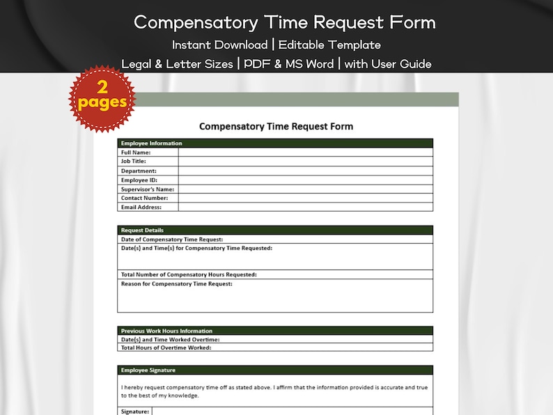 Compensatory Time Request Form Editable and Printable Template ...