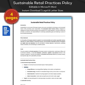 May include: A four-page document titled "Sustainable Retail Practices Policy" with a red "4 pages" label in the top left corner. The document outlines a policy for businesses to minimize their environmental impact while promoting social responsibility. The policy includes sections on environmental impact reduction, energy efficiency, renewable energy, waste reduction, water conservation, and sustainable sourcing.
