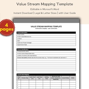 Könnte beinhalten: Ein weißes Value Stream Mapping Template-Dokument mit schwarzem Text, einschließlich Feldern für Projektinformationen und Prozessidentifizierung. Das Dokument ist mit "Bearbeitbar in Microsoft Word" und "Sofort-Download" gekennzeichnet. Ein roter und goldener Aufkleber zeigt "4 Seiten" an.