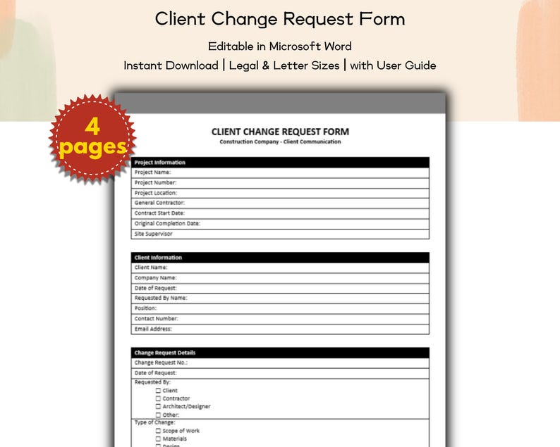 Construction Company Client Change Request Form Editable and Printable ...
