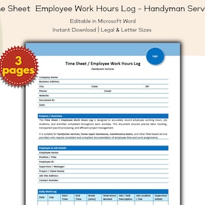 Peut inclure: Un modèle de feuille de temps pour les services de bricolage, avec un design bleu et blanc. Le document comprend des champs pour les informations de l'entreprise, les détails des employés et un journal de travail quotidien. L'image montre également un autocollant "3 pages".