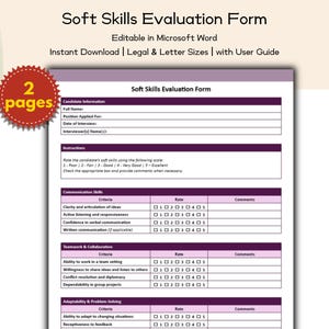 May include: A soft skills evaluation form, editable in Microsoft Word, with a purple and white design. The form includes sections for candidate information, instructions, and criteria for communication skills, teamwork, and adaptability. The text "2 pages" is in a red starburst.