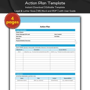 Action Plan Template Editable and Printable | Project Management | Project Planer | Human Resource Project Goal | Management Goal Tracker