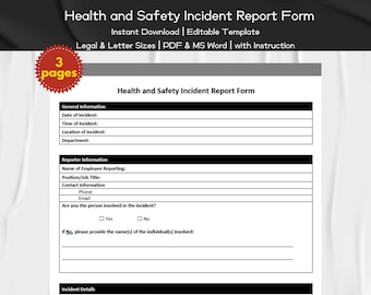 Formulário de Relatório de Incidente de Saúde e Segurança Modelo Editável e Imprimível | | Formulário para Profissionais de Recursos Humanos | Modelo de Informações para Funcionários