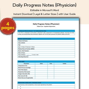 Può includere: Un modulo medico stampabile intitolato "Daily Progress Notes (Physician)" con sezioni per l'identificazione del paziente e i segni vitali. Il modulo è modificabile in Microsoft Word e disponibile per il download immediato.