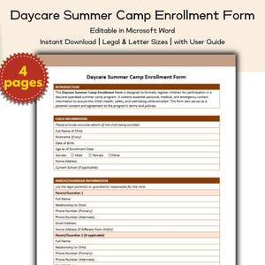 Può includere: Modulo di iscrizione al campo estivo dell'asilo nido, stampabile in Microsoft Word. Include sezioni per le informazioni sul bambino e sul genitore/tutore. Download immediato, formati legal e letter.