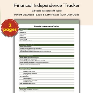 May include: A financial independence tracker template in Microsoft Word format. The document includes sections for employee details, financial goals, and retirement plan details. The image also shows a red circular sticker that says "2 pages".