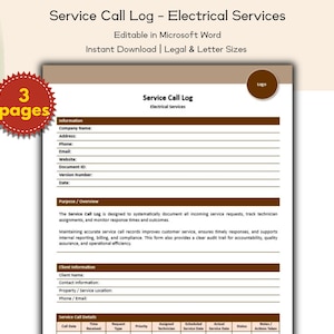 Service Call Log Electrical Services Form Editable and Printable Template, Electrical Contractors and Service Companies Providers