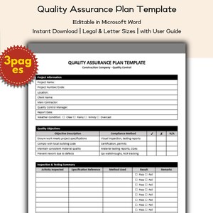 May include: A quality assurance plan template with the title "Quality Assurance Plan Template" and the text "Editable in Microsoft Word". The document includes sections for project information, quality objectives, and inspection summaries. A red sticker says "3 pages".