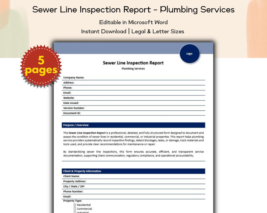 Sewer Line Inspection Report Plumbing Services Form Editable and ...