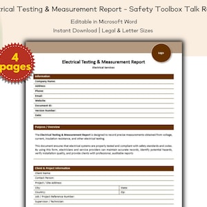 May include: A document titled "Electrical Testing & Measurement Report" with the text "Safety Toolbox Talk Record." The document is editable in Microsoft Word and available for instant download in legal and letter sizes. A red circular badge displays "4 pages."