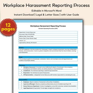 Może przedstawiać: Dokument zatytułowany „Proces zgłaszania molestowania w miejscu pracy” z tekstem „Edytowalny w programie Microsoft Word” i „Natychmiastowe pobieranie”. Dokument ma 12 stron i zawiera sekcje dotyczące celu, zakresu i definicji.