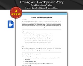 Training and Development Policy Editable Template, Human Resource Policies, Performance & Evaluation, MSword, Employee Management, HR Tools
