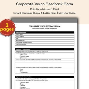 Formulario de retroalimentación sobre la visión corporativa de la empresa constructora: plantilla editable e imprimible, departamentos de gestión estratégica, gerentes de proyecto.
