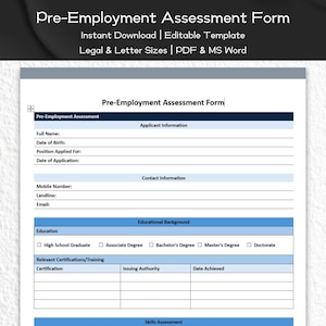 Pre-Employment Assessment Form Editable and Printable Template | Recruitment, HR Templates Form | Human Resource | HR Professionals