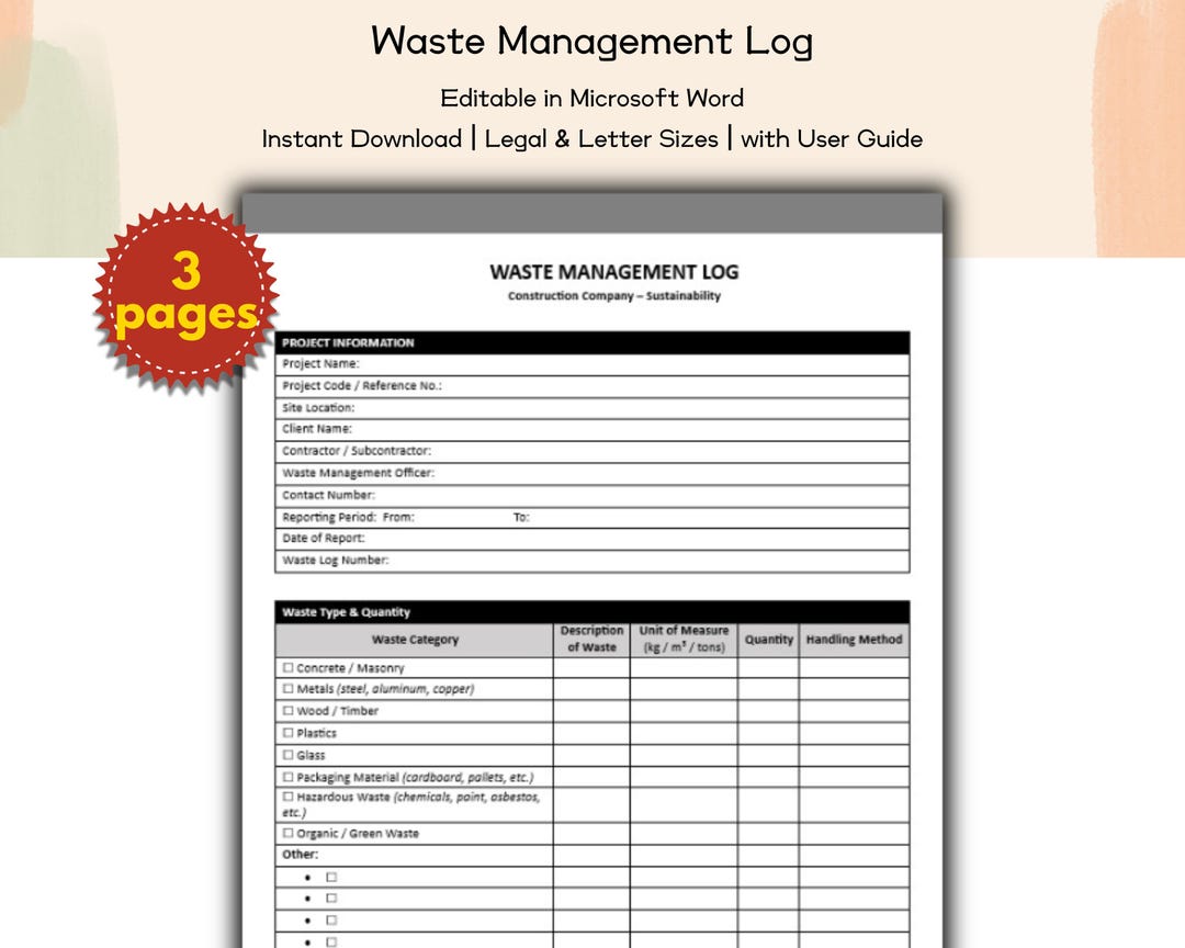 Construction Company Waste Management Log Form Editable and Printable ...