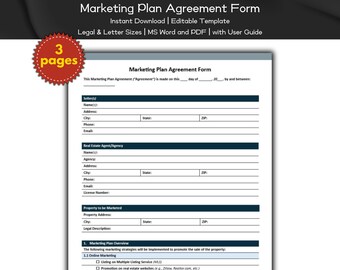 Formulário de Acordo de Plano de Marketing Modelo Editável e Imprimível para Agentes Imobiliários | Marketing de Agentes | Listagem de Imóveis Imobiliários