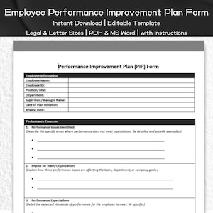Employee Performance Improvement Plan Form Editable and Printable Template | HR Templates Form | Human Resource | Performance & Development