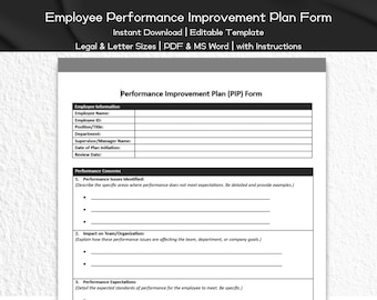Employee Performance Improvement Plan Form Editable and Printable Template | HR Templates Form | Human Resource | Performance & Development