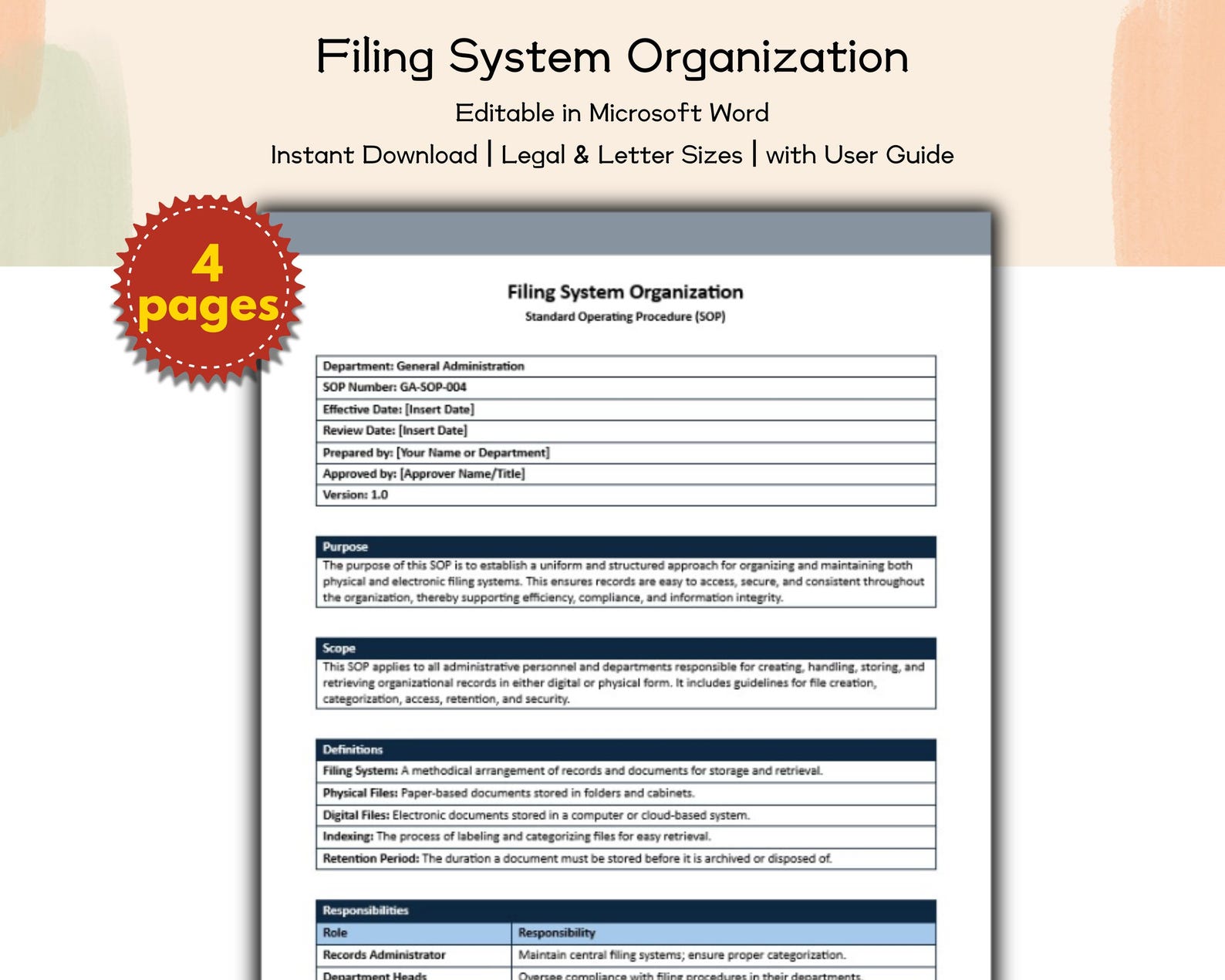 File System Operations Template Filing System Organization Standard Operating Procedure SOP Editable ...