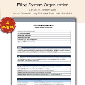 May include: A document labelled "Filing System Organization" with a detailed SOP. The document is editable in Microsoft Word and available for instant download in legal and letter sizes. A red badge indicates "4 pages".