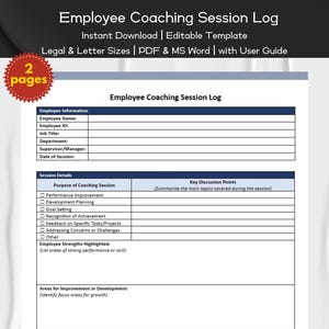 May include: A printable employee coaching session log template with sections for employee information, session details, key discussion points, and areas for improvement. The template is designed for use with Microsoft Word and PDF.