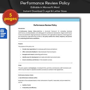 Performance Review Policy Editable Template | Human Resource Policies | Performance and Evaluation | MS Word | Employee Management | HR Tool