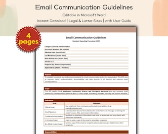 Email Communication Guidelines Standard Operating Procedure (SOP), Editable and Printable Template, Workplace Email Etiquette Policy, Admin