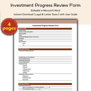 Puede incluir: Un documento blanco titulado "Investment Progress Review Form" con encabezados y líneas marrones. El documento incluye secciones para los detalles del inversor, la descripción general de la inversión y la revisión del rendimiento. La imagen también incluye una pegatina circular roja y amarilla que dice "4 páginas".