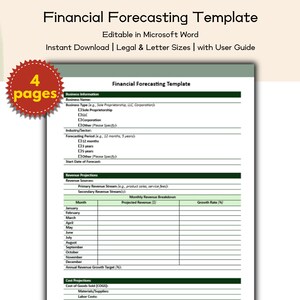 Plantilla de pronóstico financiero: herramienta editable e imprimible para proyectar ingresos, gastos y tendencias de flujo de caja de la empresa.