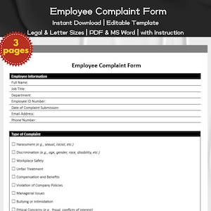 Employee Complaint Form Editable and Printable Template with Manual | HR Professionals Form | HR Employee Management | Human Resource